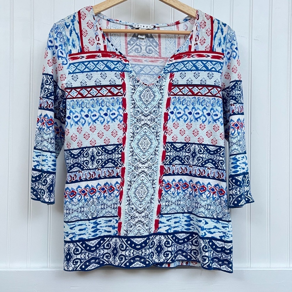 Wmns Blouse Geometric Patriotic Bright 3/4 Sleeve Red Blue Patterned V-Neck S